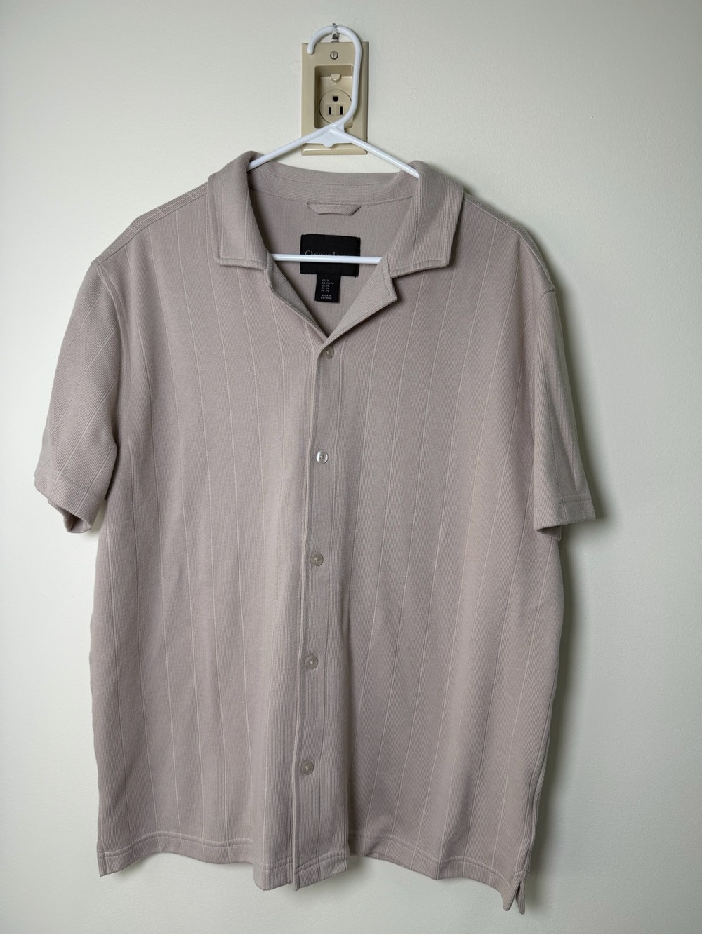 Christian Lacroix Mens Beige Ribbed Knit Short Sleeve Camp Collar Shirt Size L